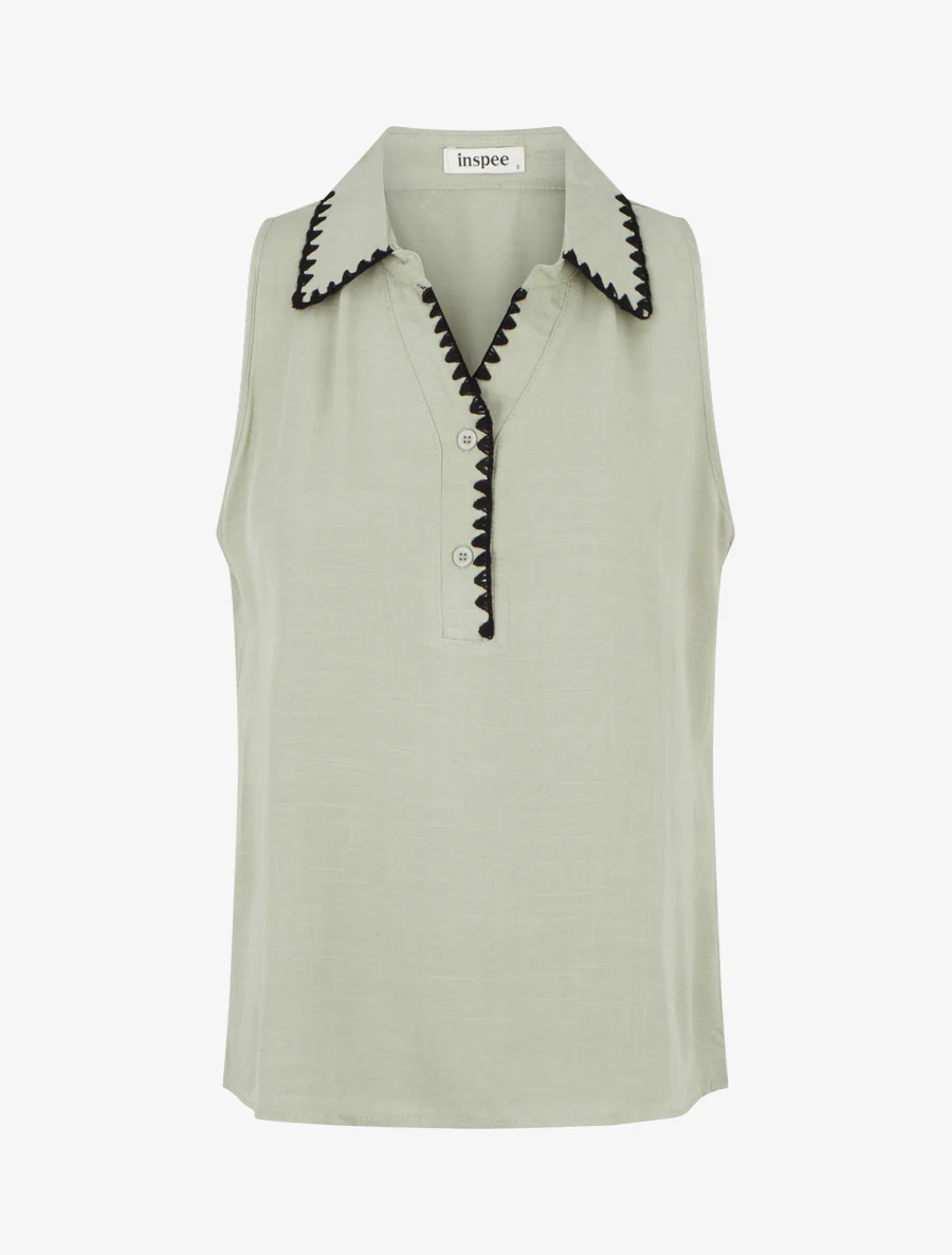 Mouwloze blouse met geborduurde kraag - Amandelgroen