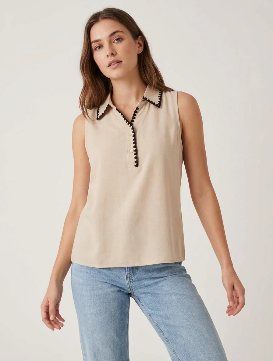 Mouwloze blouse met geborduurde kraag - Beige - Image 4