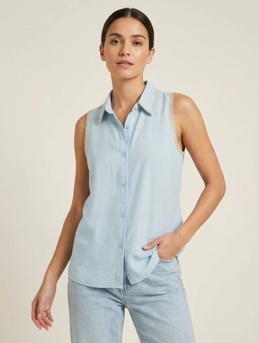 Mouwloze effen blouse met knopen - Lichtblauw - Image 4