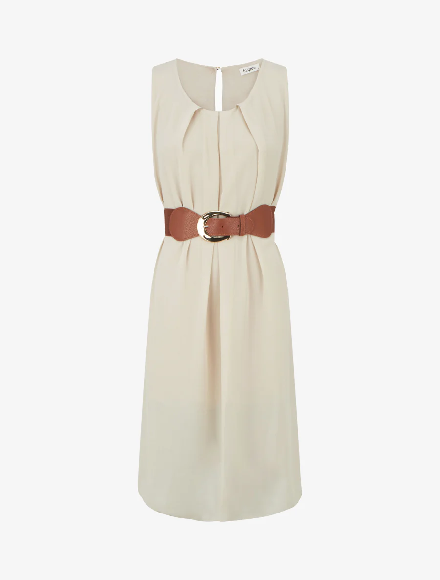 Mouwloze effen jurk van voile - Beige