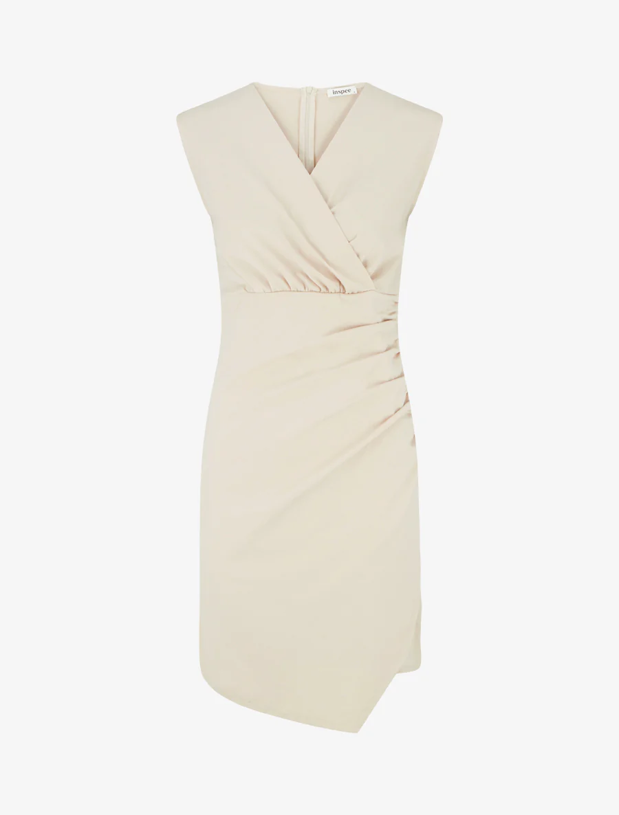 Mouwloze effen overslagjurk - Beige