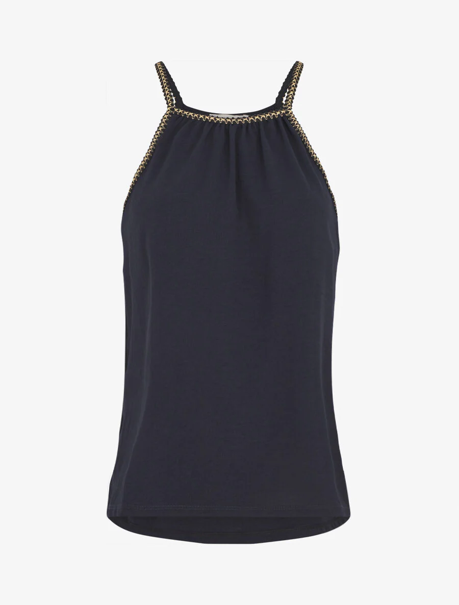 Mouwloze effen top met iriserend geborduurd detail - Marineblauw