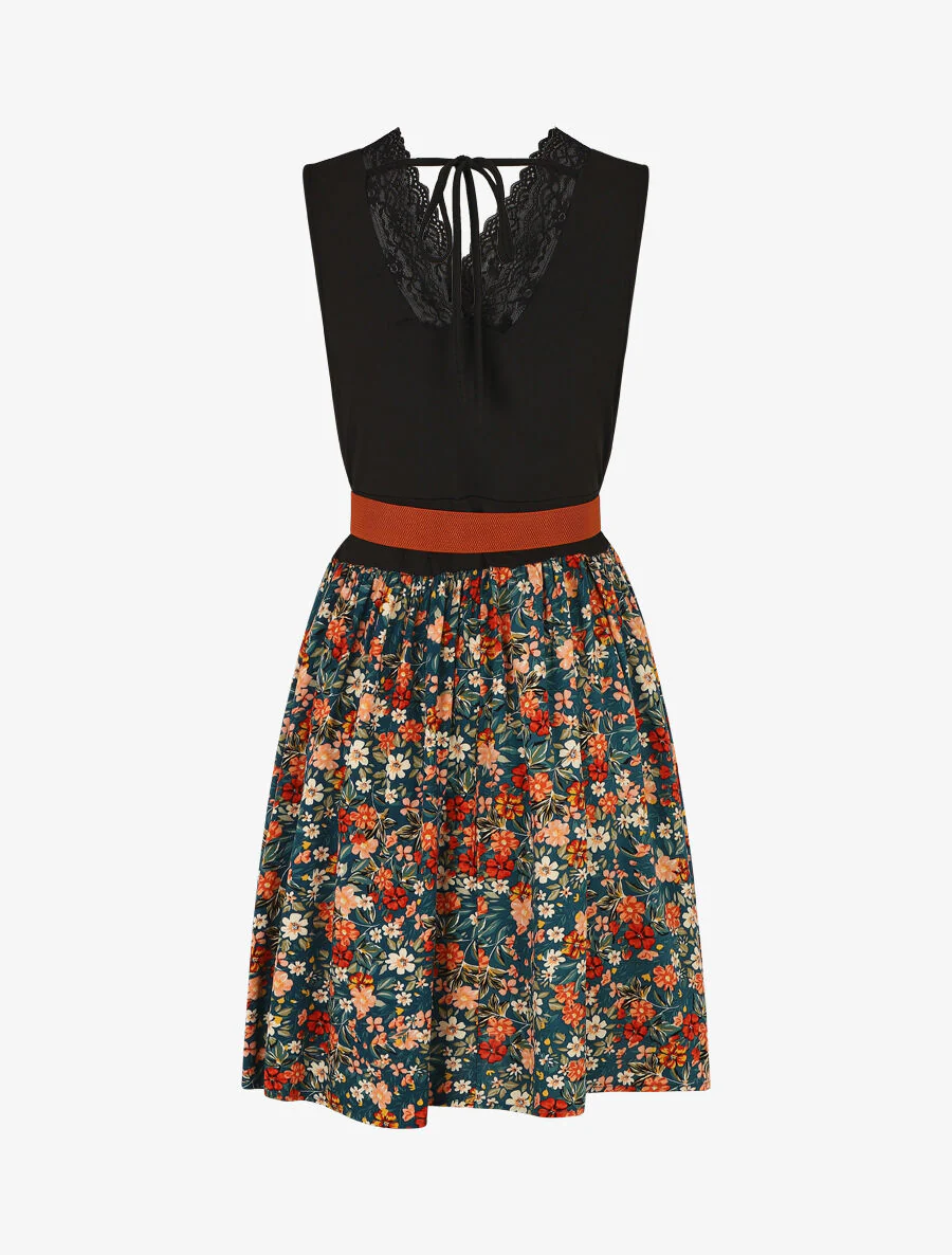Mouwloze gebloemde midi-jurk met kanten kraag - Blauwgroen - Image 2