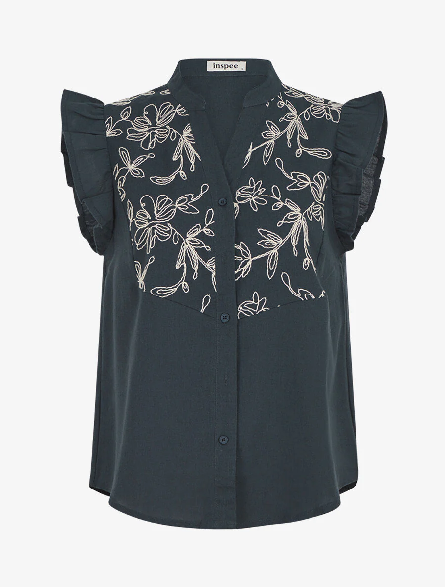 Mouwloze geborduurde blouse met schouders met ruches - Olie blauw