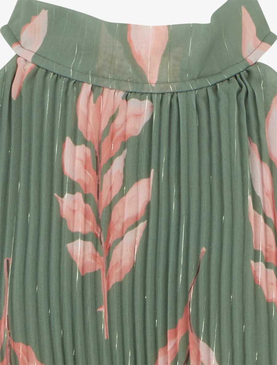 Mouwloze geplooide top met bladprint - Kaki - Image 3
