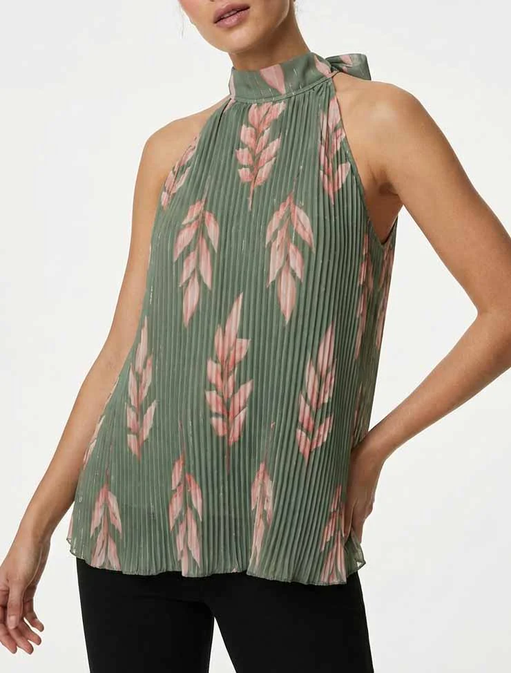 Mouwloze geplooide top met bladprint - Kaki - Image 4