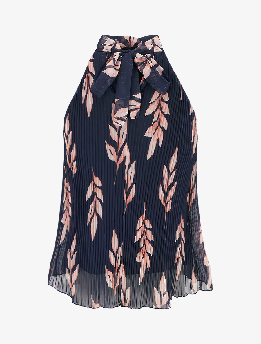 Mouwloze geplooide top met bladprint - Marine - Image 2