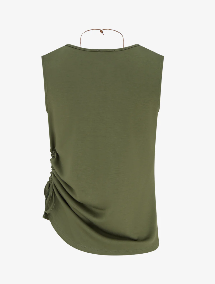 Mouwloze gerimpelde top met ronde hals. - Kaki - Image 2