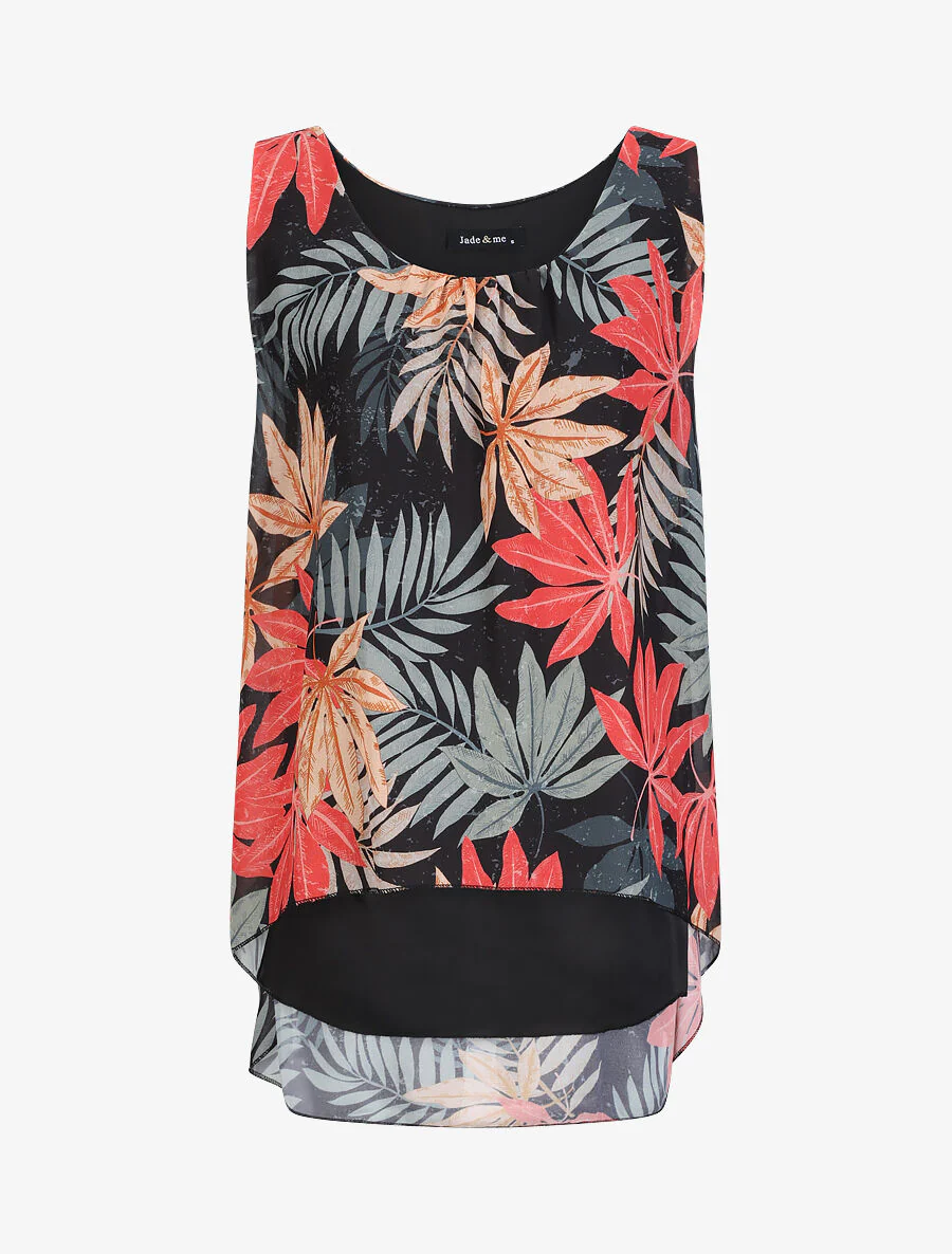 Mouwloze gevallen top met herfstbladeren print - Zwart