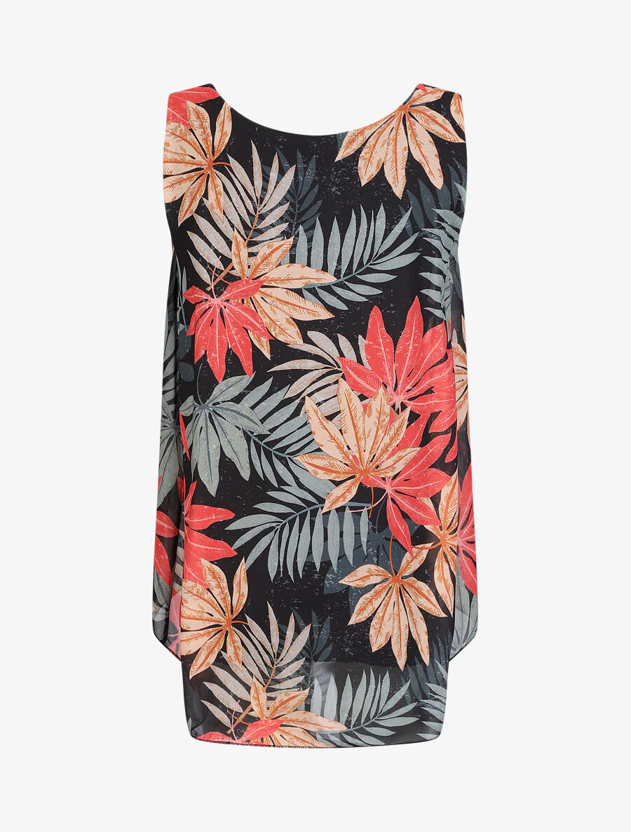 Mouwloze gevallen top met herfstbladeren print - Zwart - Image 2