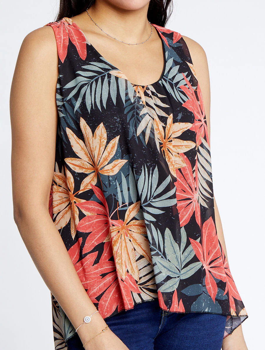 Mouwloze gevallen top met herfstbladeren print - Zwart - Image 3