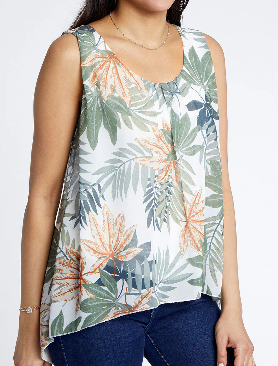 Mouwloze gevallen top met herfstbladeren print - wit - Image 3