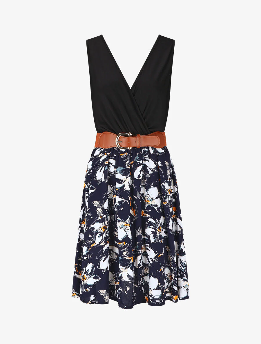 Mouwloze halflange jurk met bloemenprint - Marineblauw
