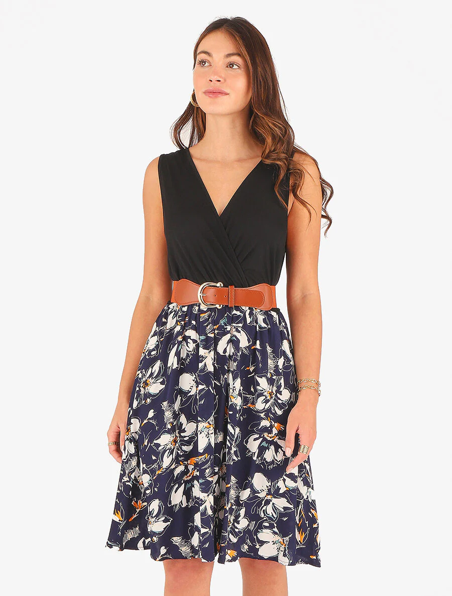 Mouwloze halflange jurk met bloemenprint - Marineblauw - Image 4