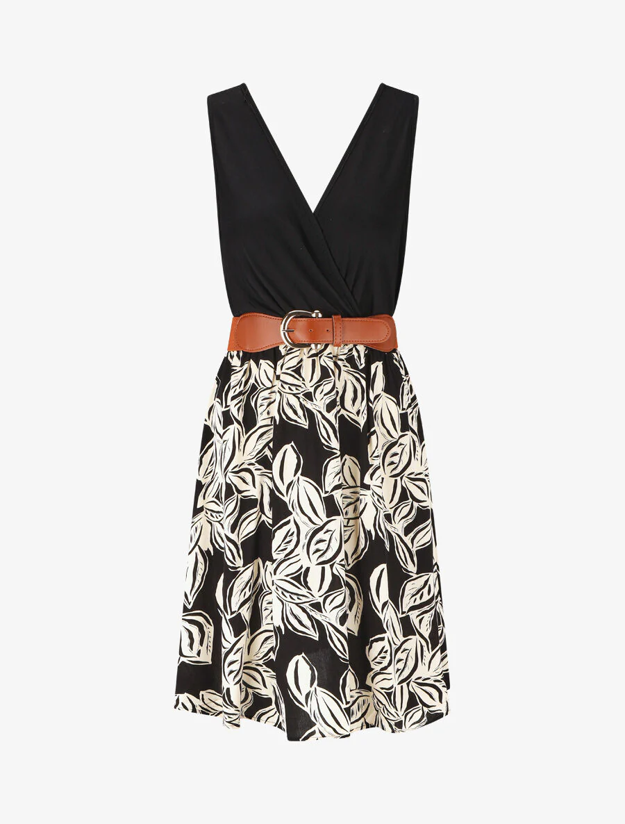 Mouwloze halflange jurk met plantenprint - zwart
