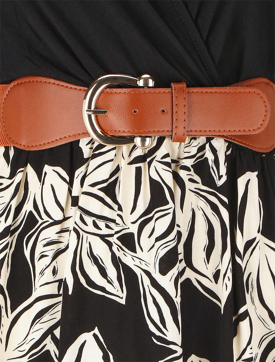 Mouwloze halflange jurk met plantenprint - zwart - Image 3