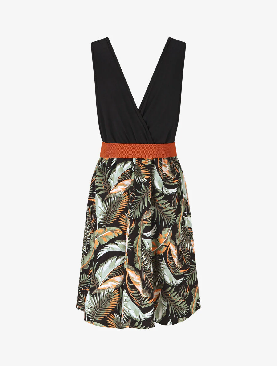 Mouwloze halflange jurk met tropische print - zwart - Image 2