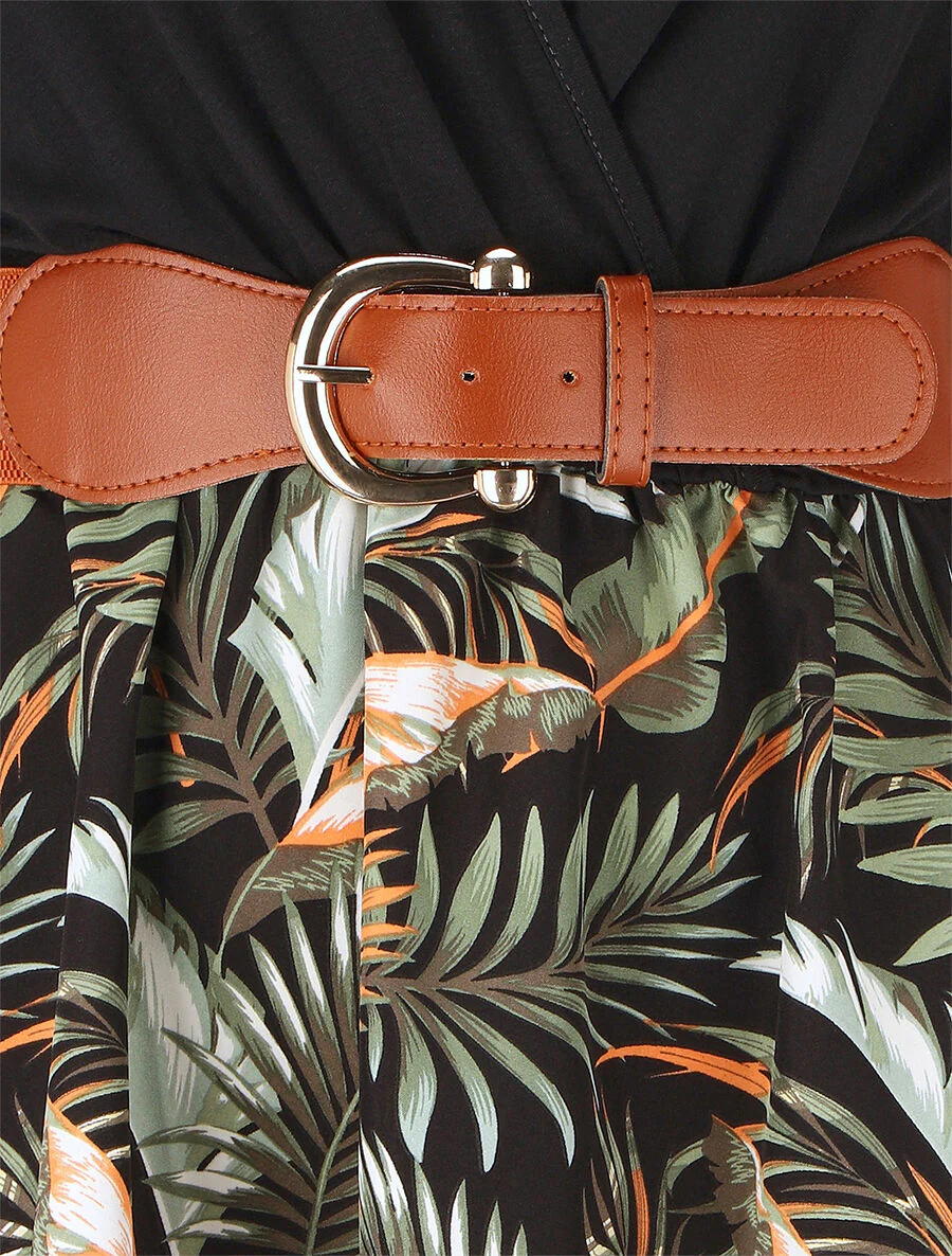 Mouwloze halflange jurk met tropische print - zwart - Image 3