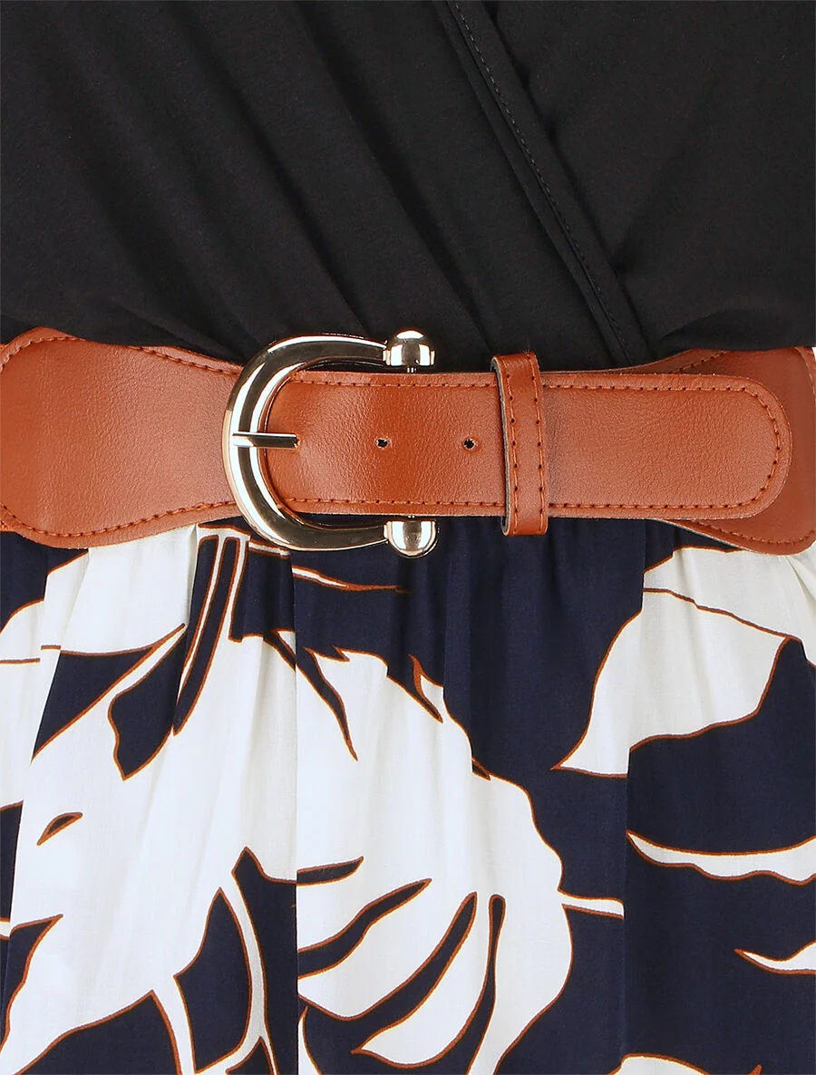 Mouwloze halflange jurk met tropische print - Marineblauw - Image 3