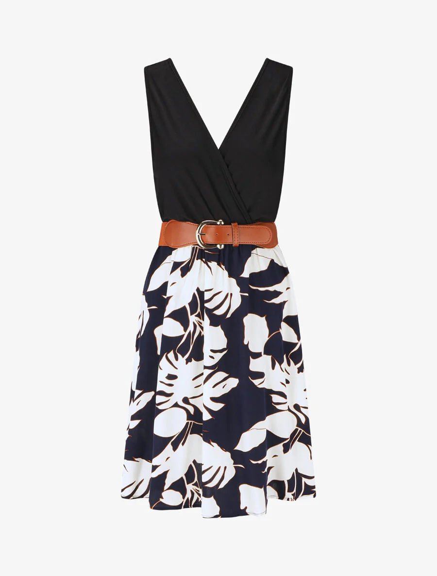 Mouwloze halflange jurk met tropische print - Marineblauw - Image 5