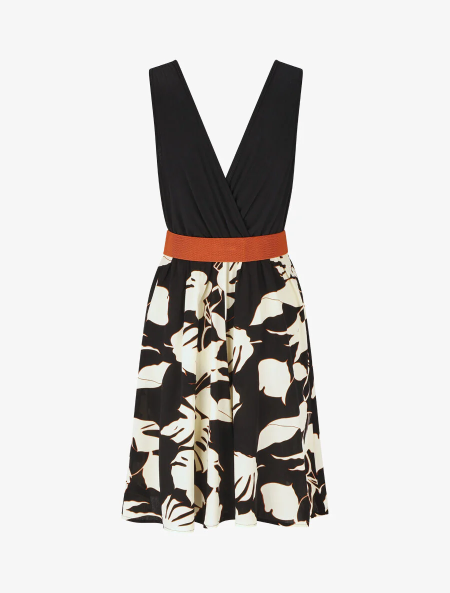 Mouwloze halflange jurk met tropische print - Zwart - Image 2