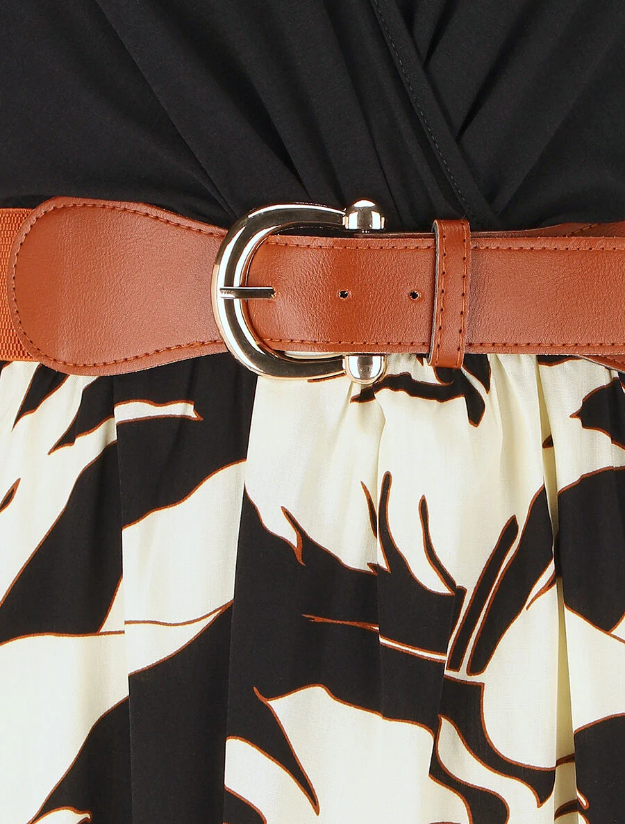 Mouwloze halflange jurk met tropische print - Zwart - Image 3