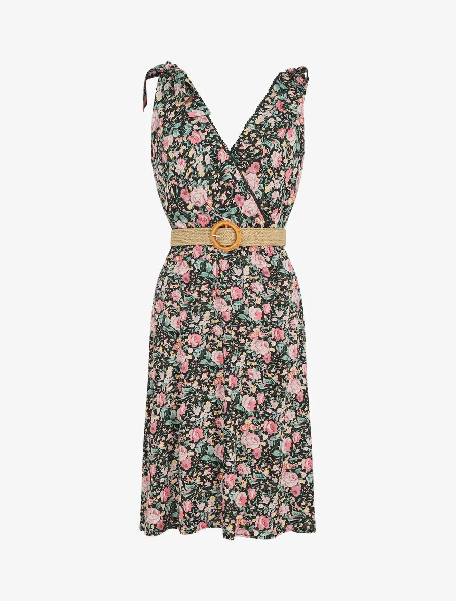 Mouwloze halflange jurk met wilde bloemenprint - zwart
