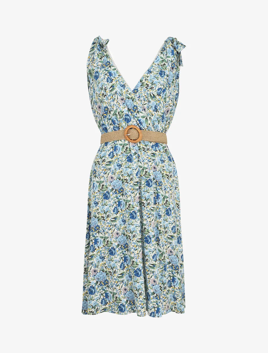 Mouwloze halflange jurk met wilde bloemenprint - blauw