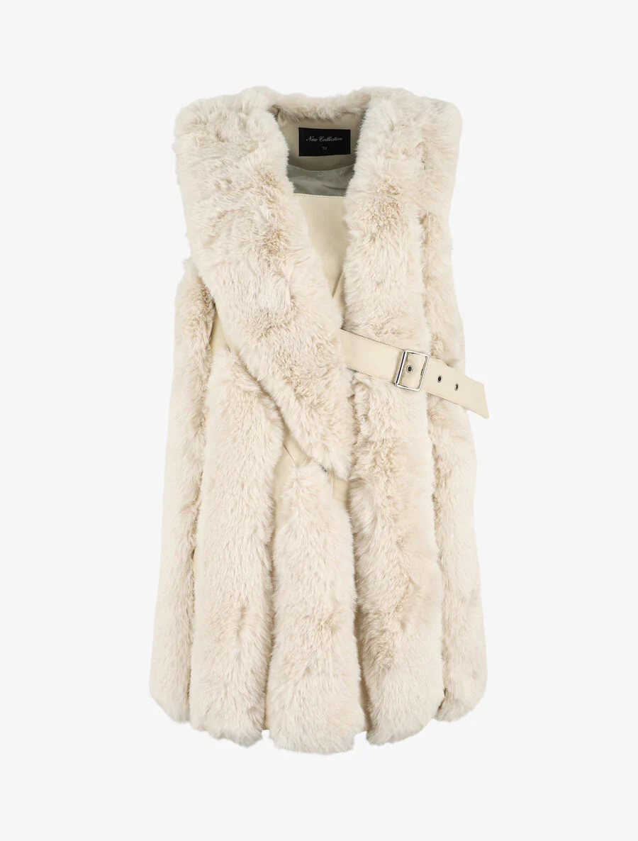 Mouwloze jas van nepbont - Beige