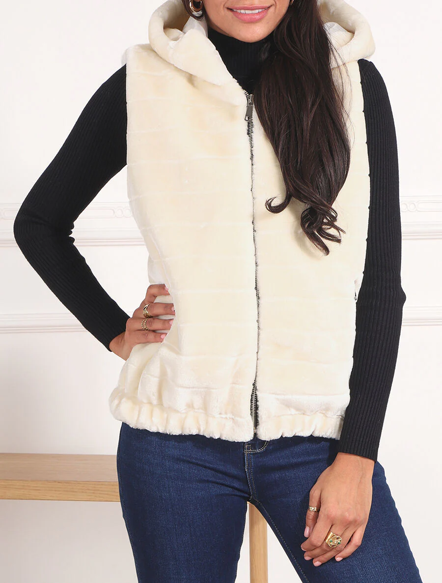 Mouwloze jas van synthetisch bont - Ecru - Image 4