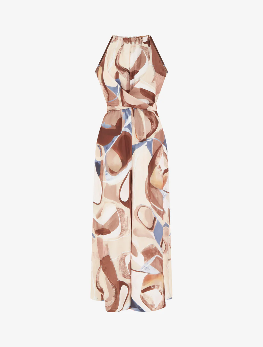 Mouwloze jumpsuit met abstracte print - Beige