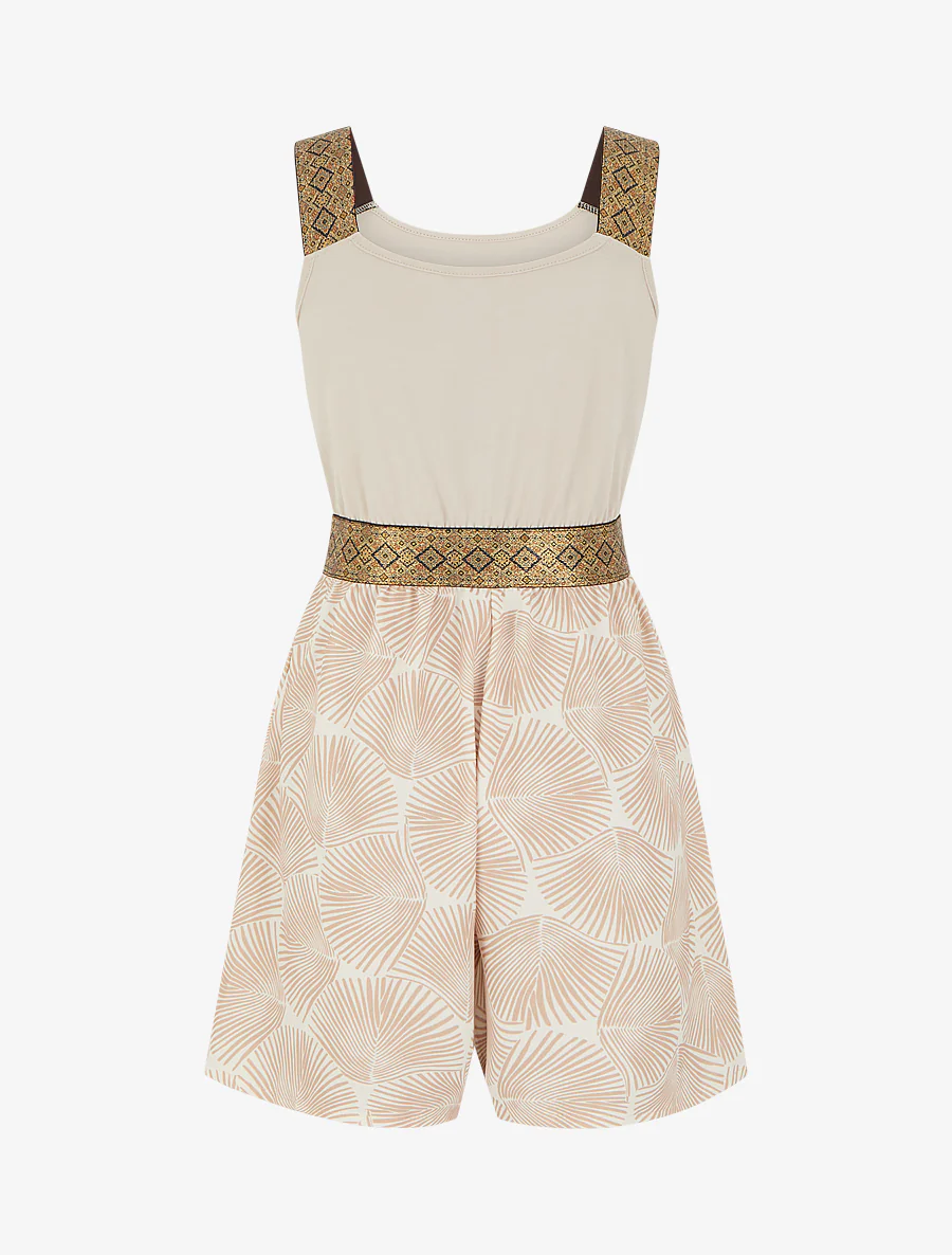 Mouwloze jumpsuit met bladerenprint en fantasiebandjes - Beige - Image 2