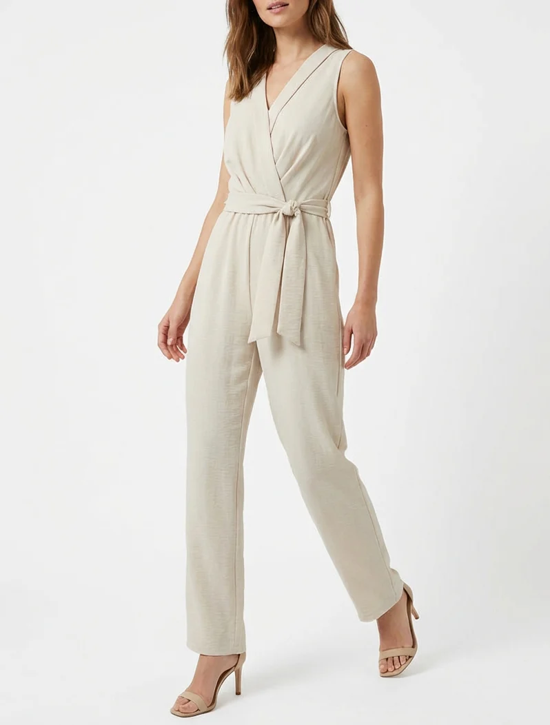 Mouwloze jumpsuit met overslagkraag - Beige - Image 4