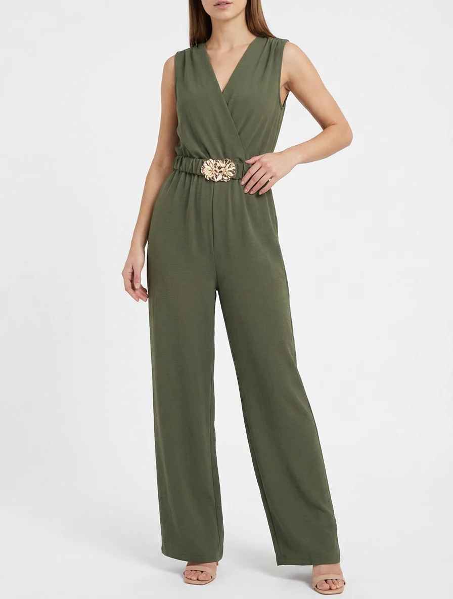 Mouwloze jumpsuit met riem - Kaki - Image 4