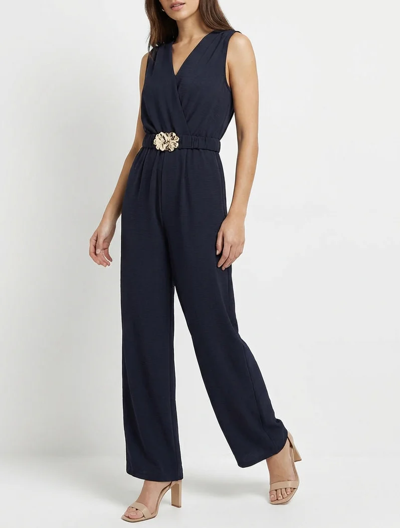 Mouwloze jumpsuit met riem - Marine - Image 4
