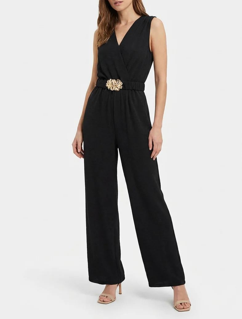 Mouwloze jumpsuit met riem - Zwart - Image 4