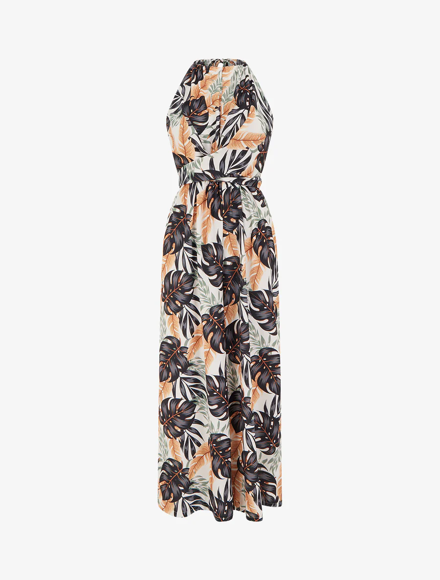 Mouwloze jumpsuit met tropische print - Zwart
