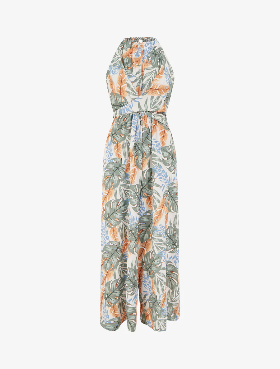 Mouwloze jumpsuit met tropische print - Kaki