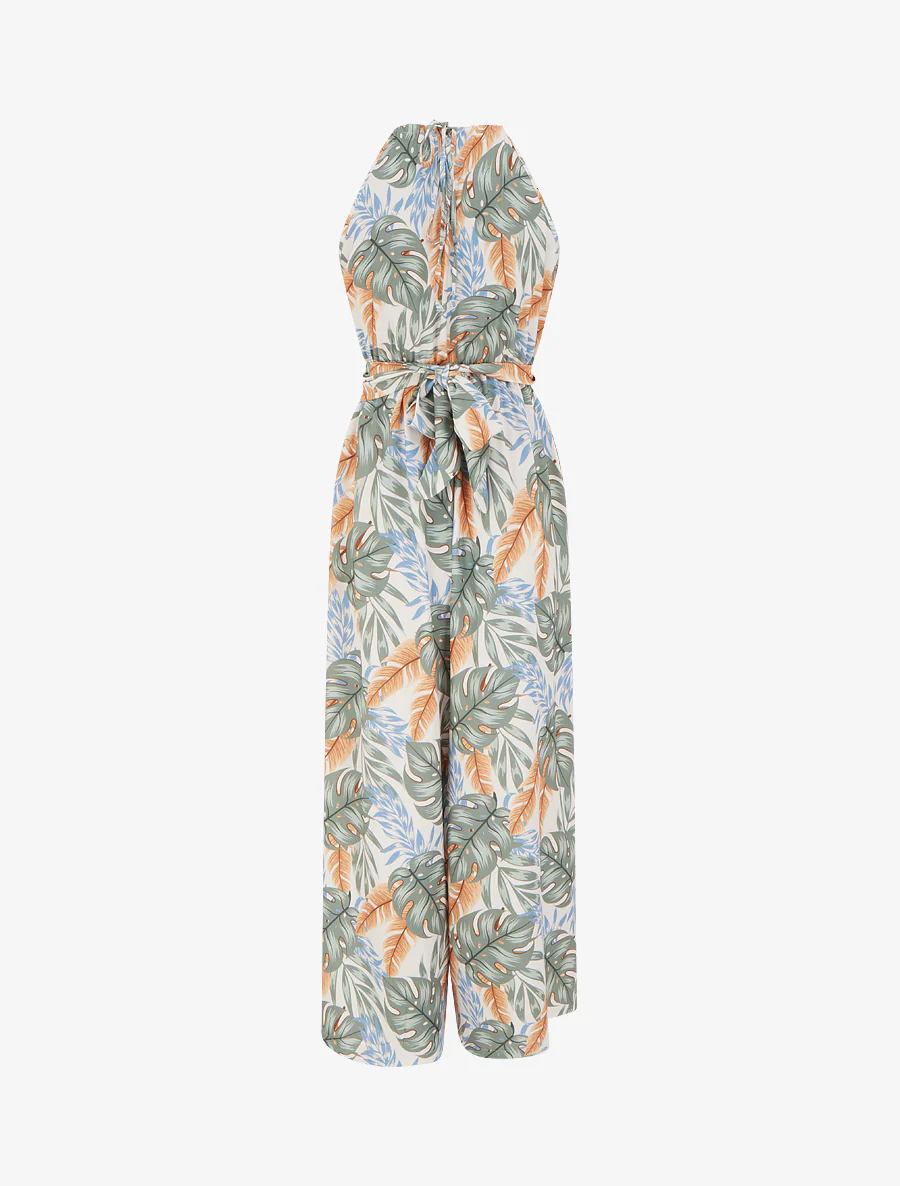 Mouwloze jumpsuit met tropische print - Kaki - Image 2