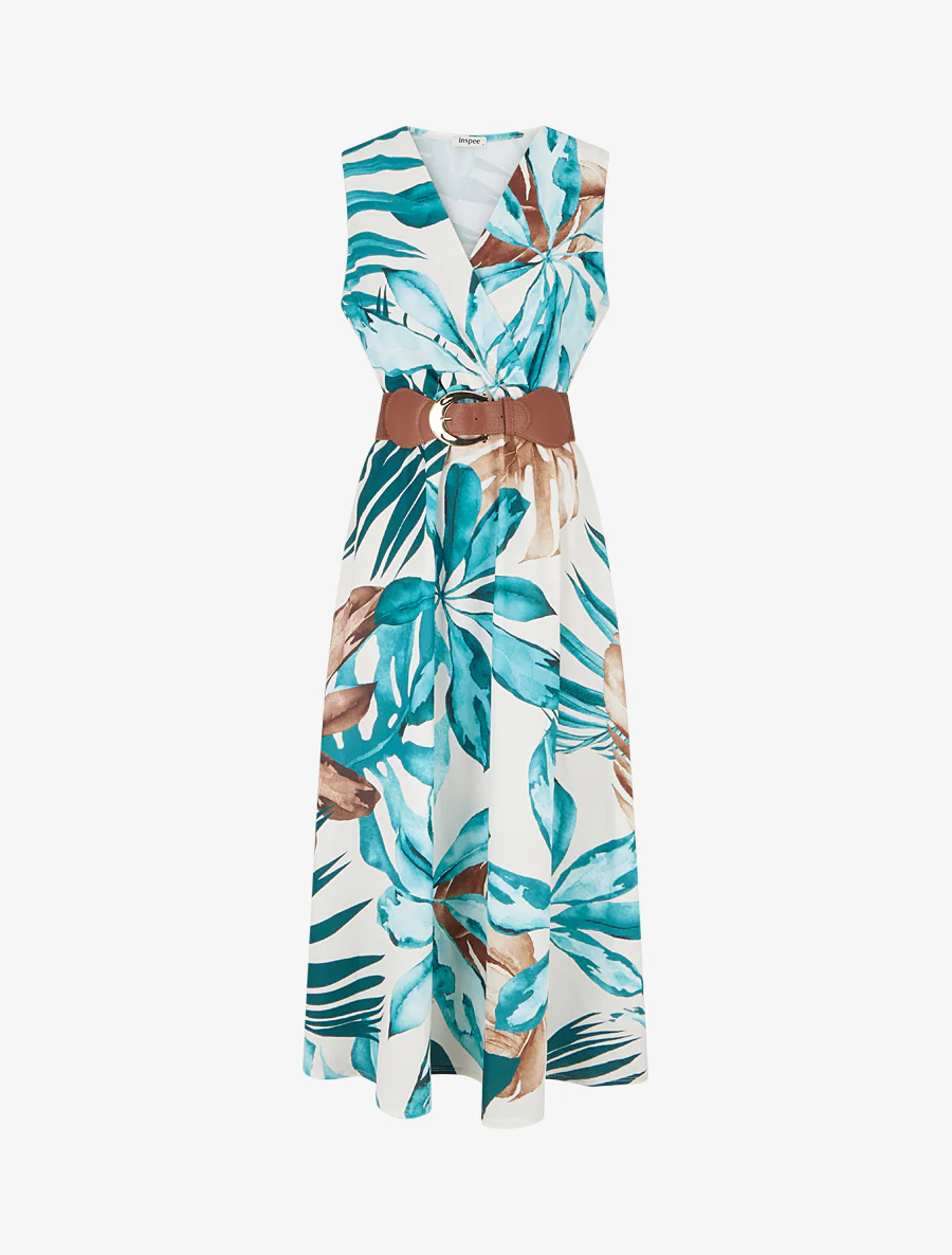 Mouwloze jurk met bladprint - Eendenblauw