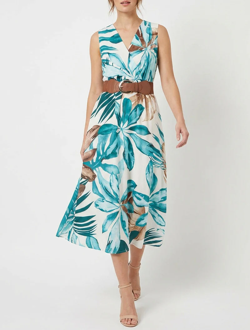 Mouwloze jurk met bladprint - Eendenblauw - Image 4