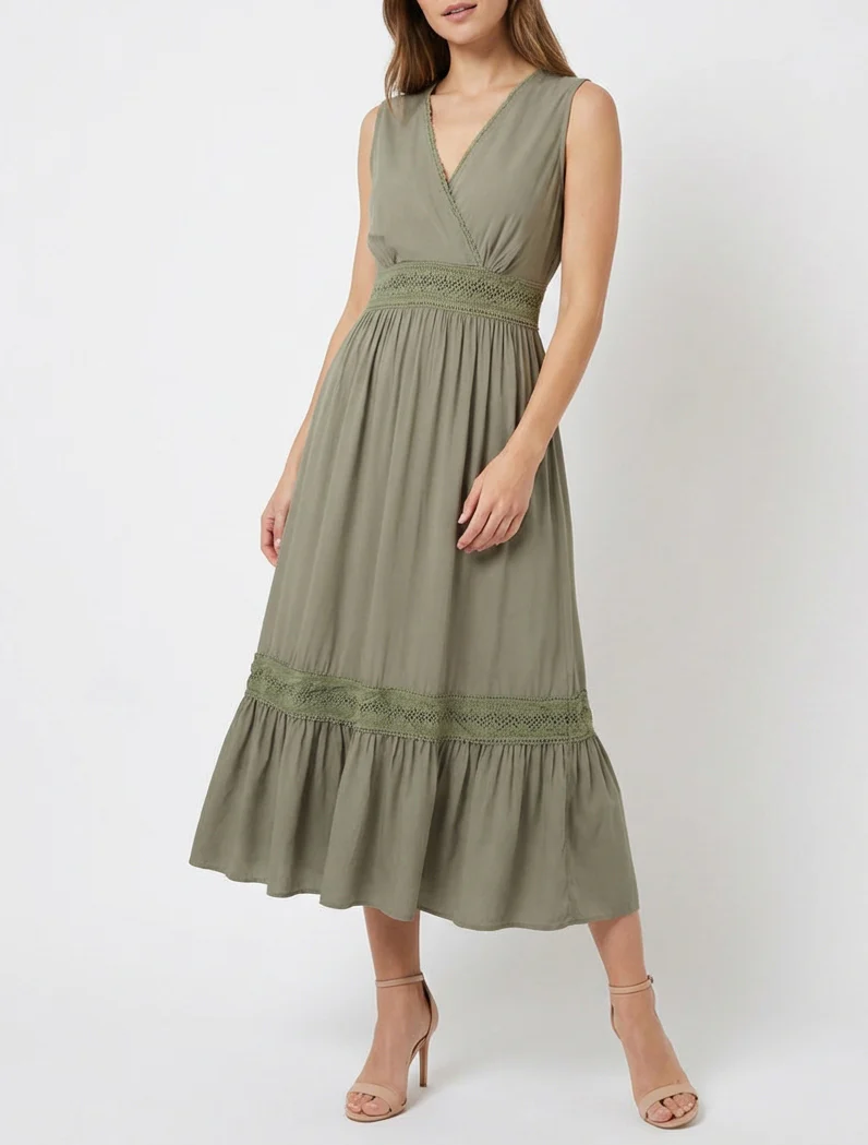 Mouwloze jurk met borduursels - Kaki - Image 4