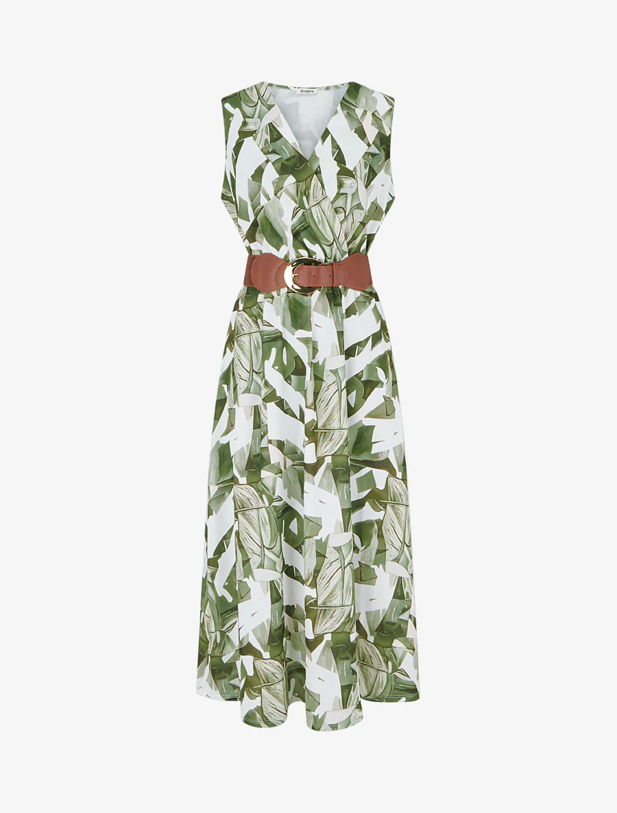 Mouwloze jurk met fantasieprint - Kaki