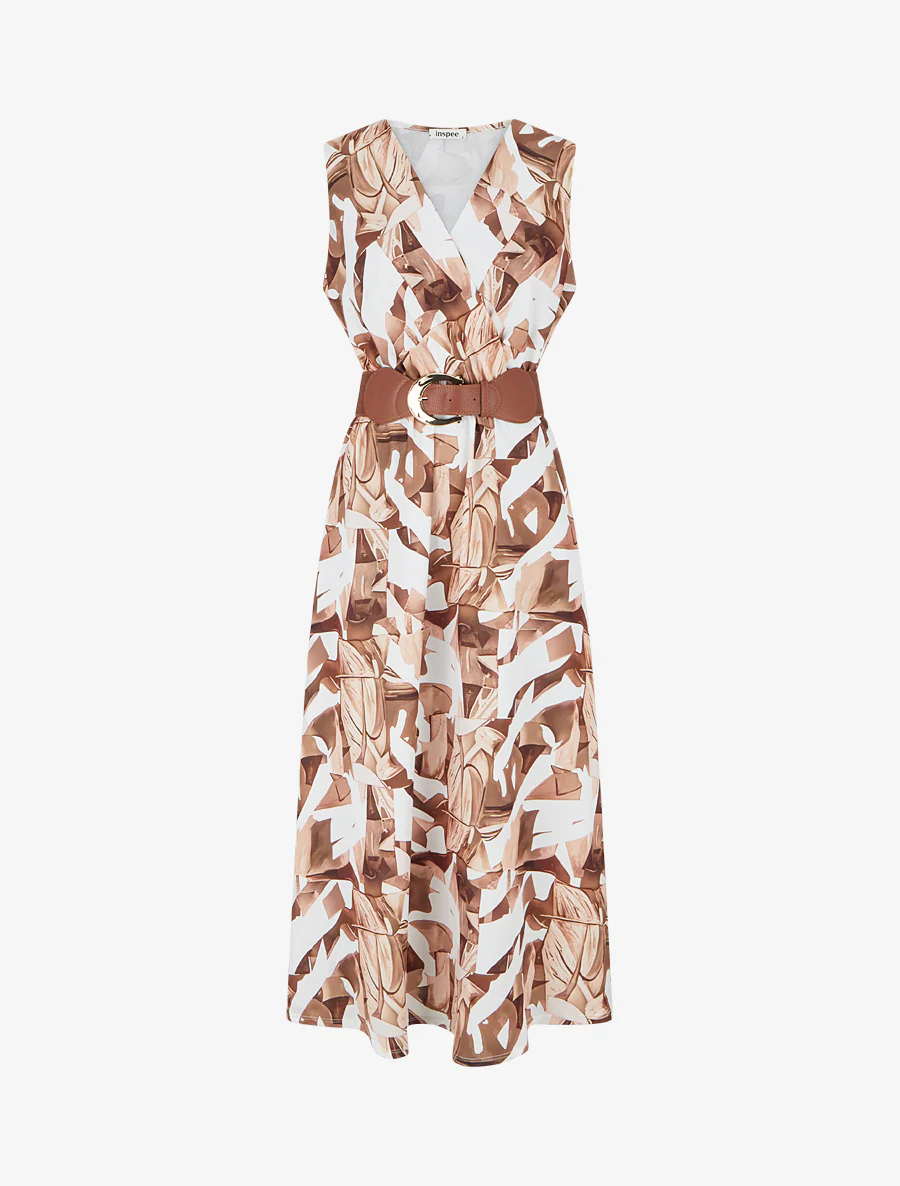 Mouwloze jurk met fantasieprint - Kameel