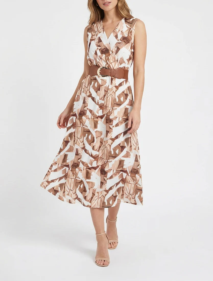 Mouwloze jurk met fantasieprint - Kameel - Image 4