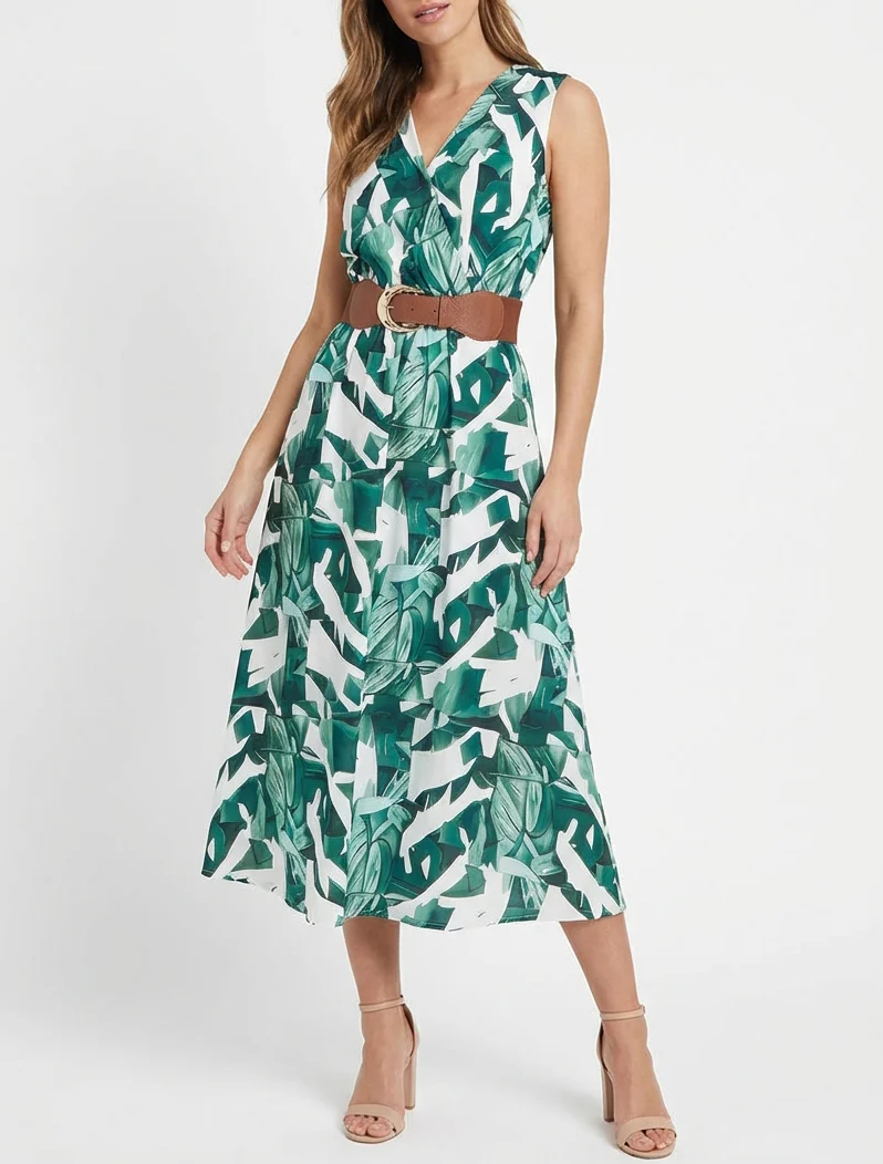 Mouwloze jurk met fantasieprint - Groen - Image 4