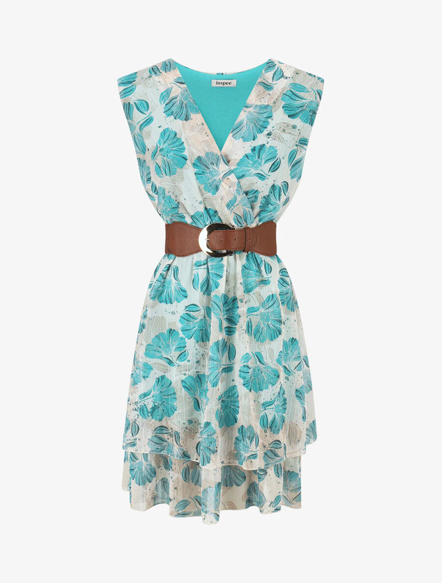 Mouwloze jurk met iriserende bloemenprint - Turkoois