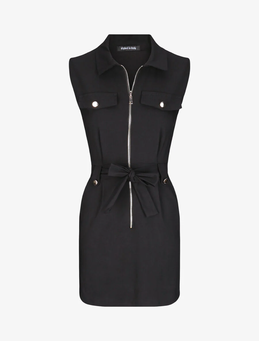 Mouwloze jurk met riem - Zwart
