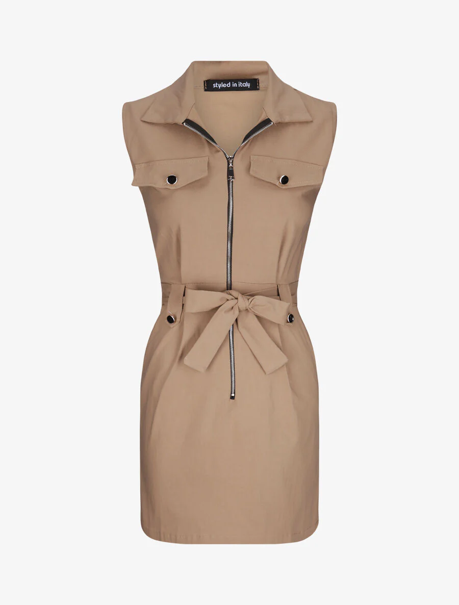 Mouwloze jurk met riem - camel
