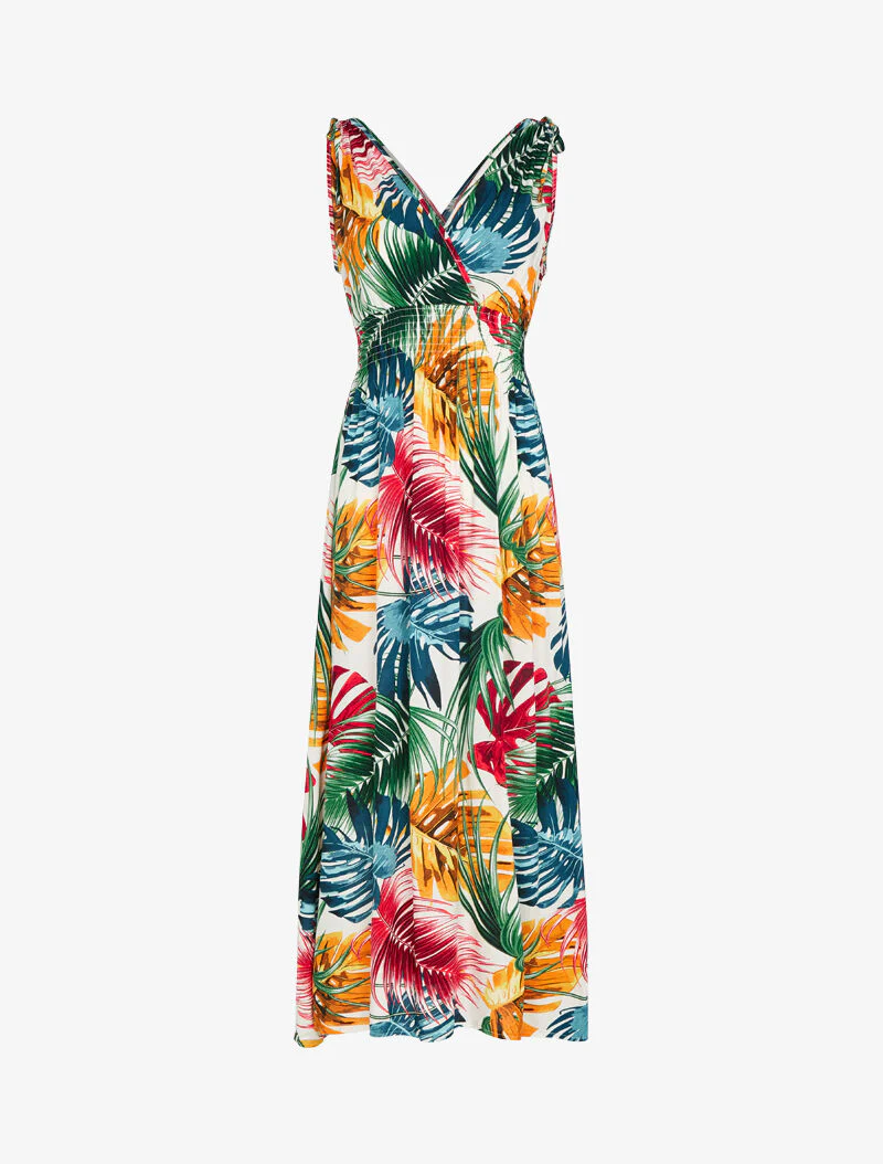 Mouwloze jurk met tropische print - ecru